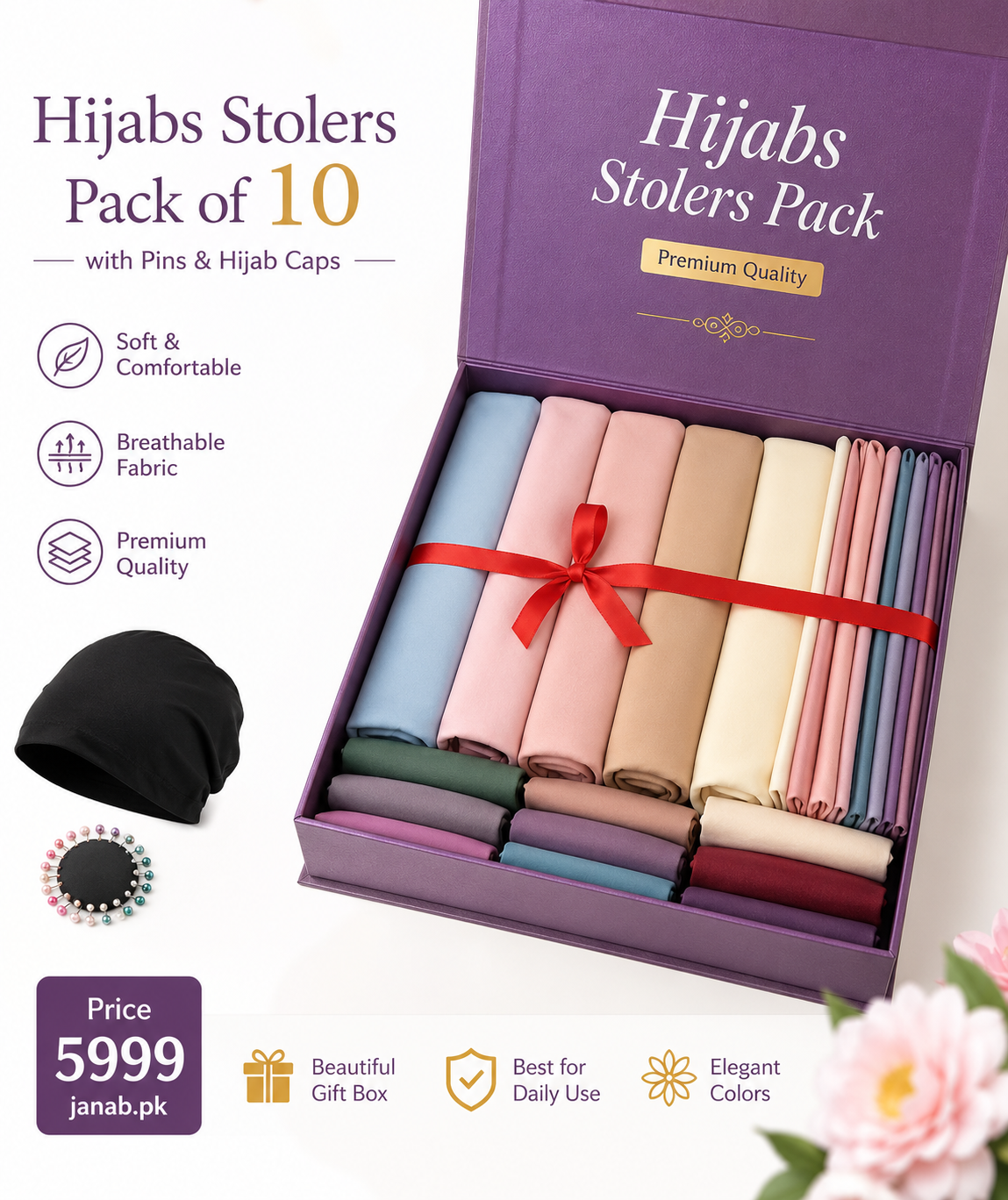 Georgette – Bundle Of 10 With Multiple Pins And Hijab Caps 10 Pcs Janab.pk
