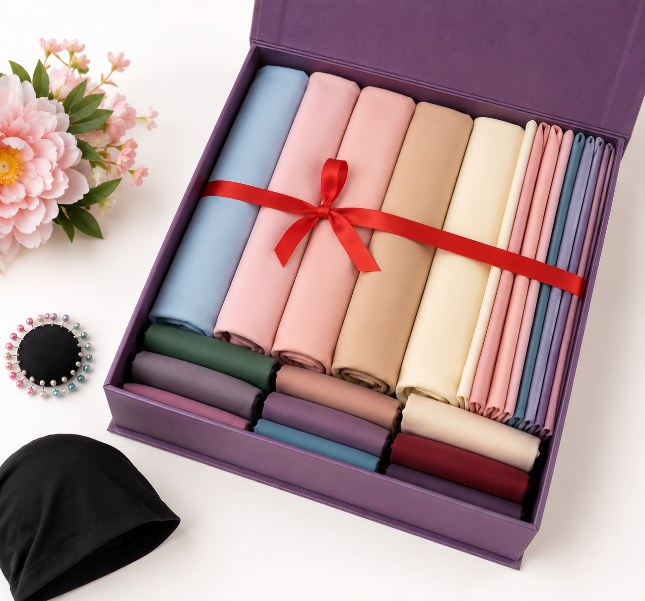 Georgette – Bundle Of 10 With Multiple Pins And Hijab Caps 10 Pcs Janab.pk